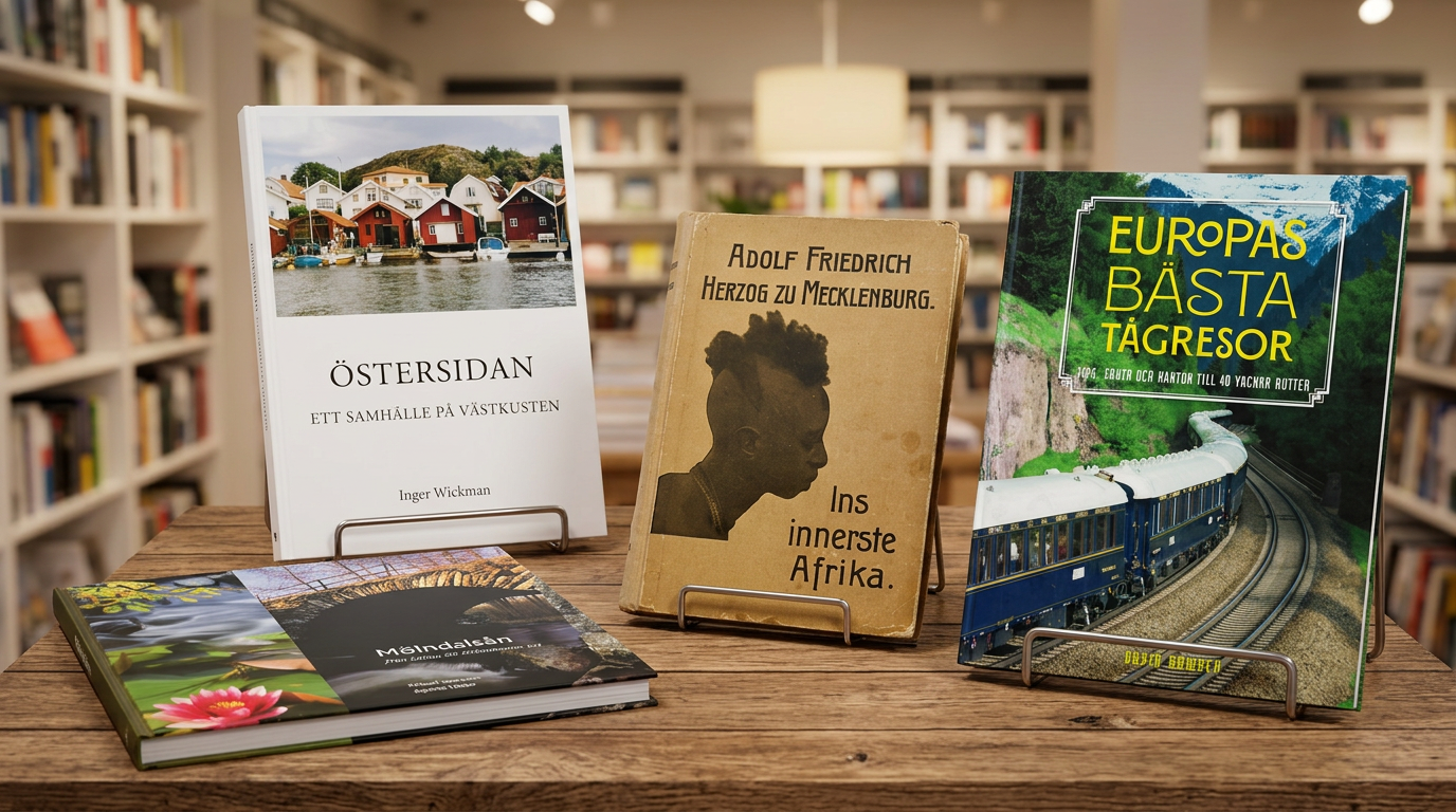 Fem intresssanta skildringar inom resor, lokalhistoria och geografi – maj 2026 (AI-genererad bild, böckernas fysiska utseende kan skilja sig från denna representation.)