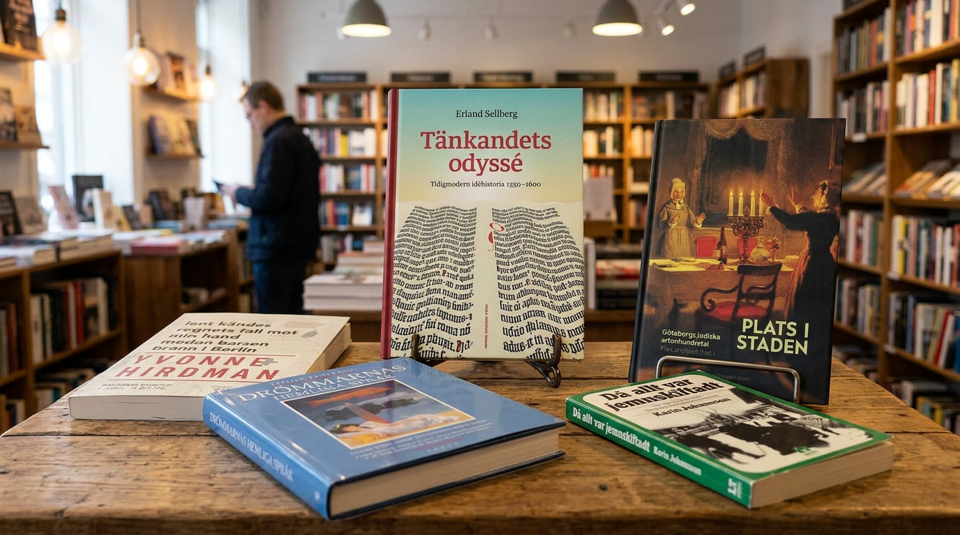 Fem läsvärda böcker inom kultur och idédebatt – maj 2026 (AI-genererad bild, böckernas fysiska utseende kan skilja sig från denna representation.)