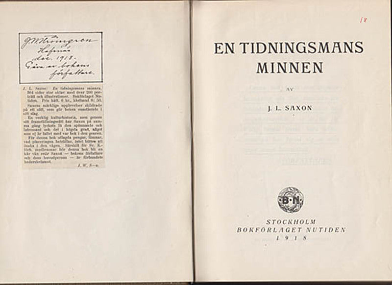 J. L. Saxon : En tidningsmans minnen