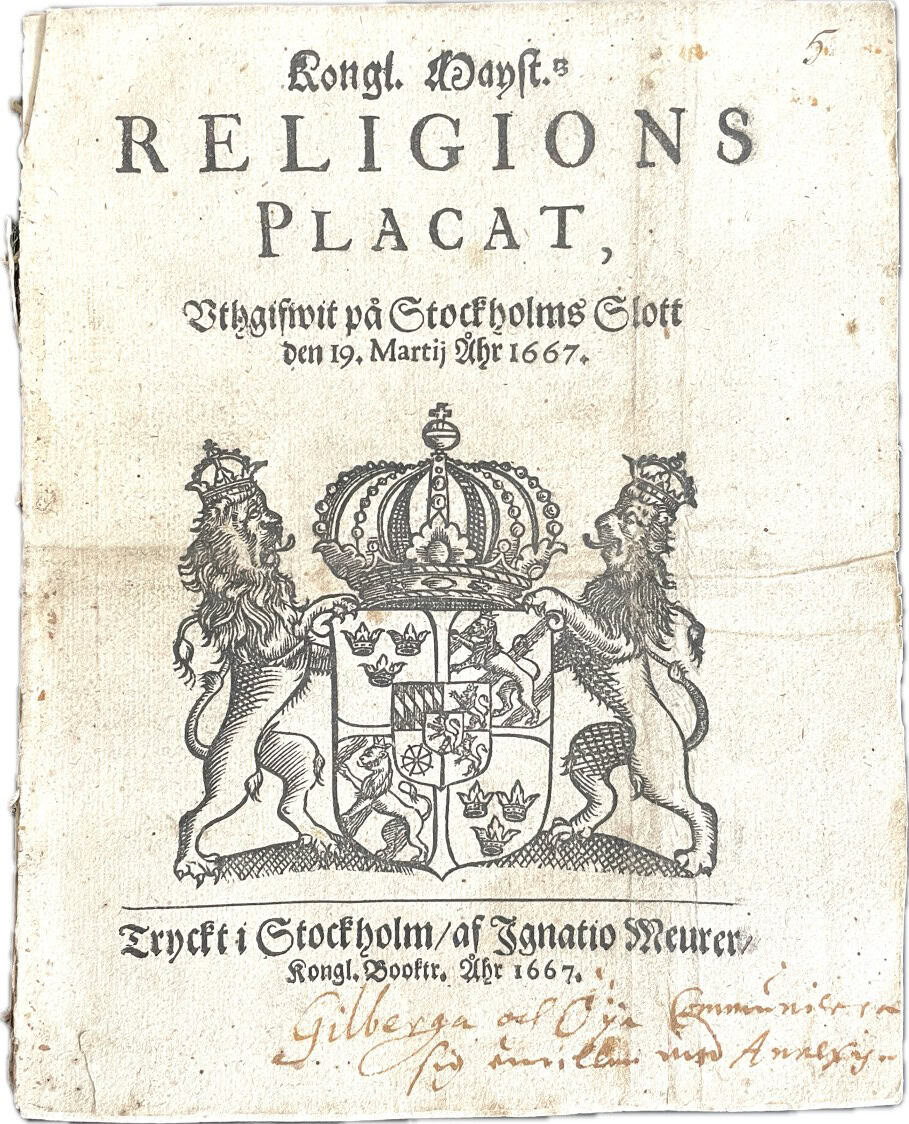 1667 års religionsplakat – Kongl. Mayst.tz Religions Placat (1667)