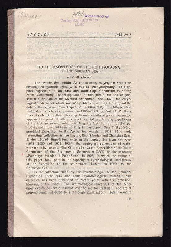 A. M. Popov : To the knowledge of the Ichthyofauna of the Siberian sea
