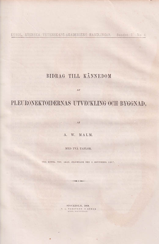 A. W. Malm : Bidrag till kännedom af Pleuronektoidernas utveckling och byggnad. Med två taflor