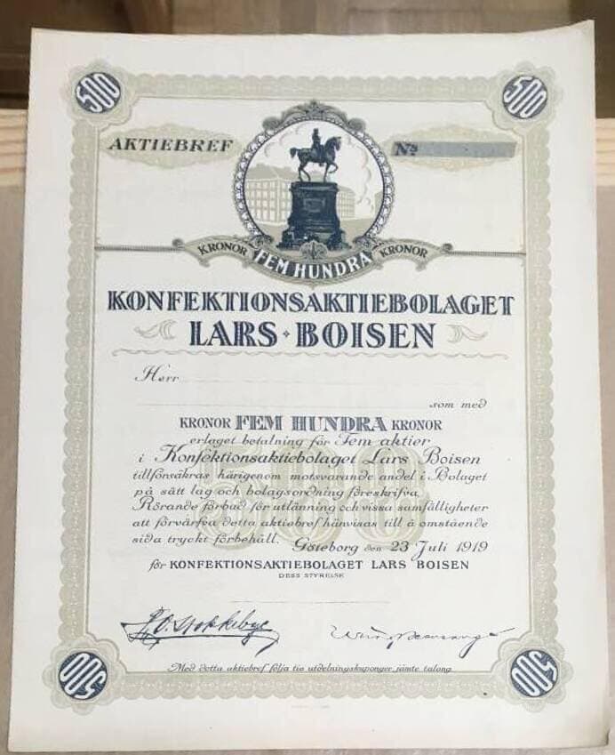 Aktiebrev Konfektionsaktiebolaget Lars Boisen 500 kr