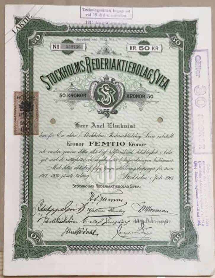 Aktiebrev Stockholms Rederiaktiebolag Svea 50 kr