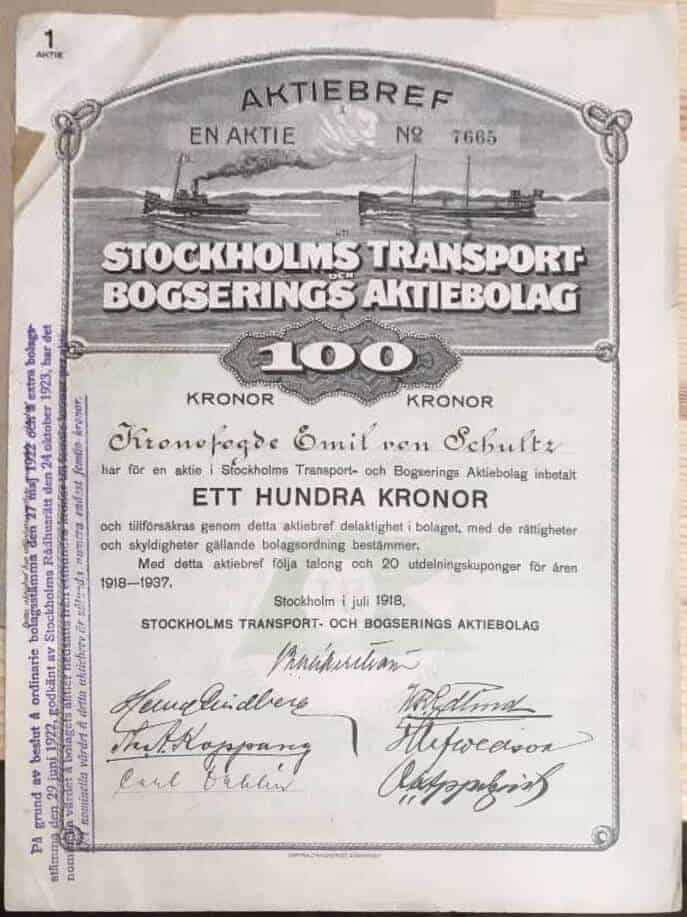 Aktiebrev Stockholms Transportbogserings Aktiebolag 100 kr