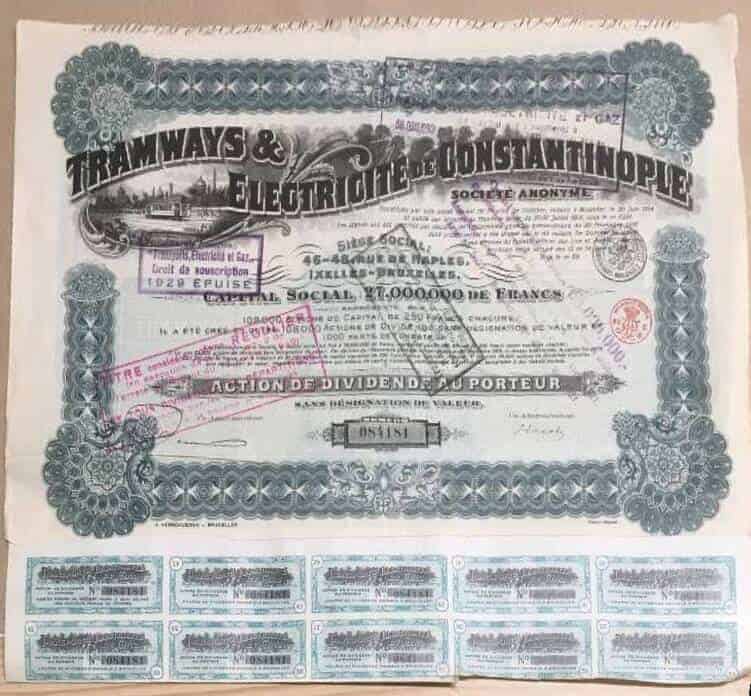 Aktiebrev/Stock certificate Tramways & Electricite Constantinople