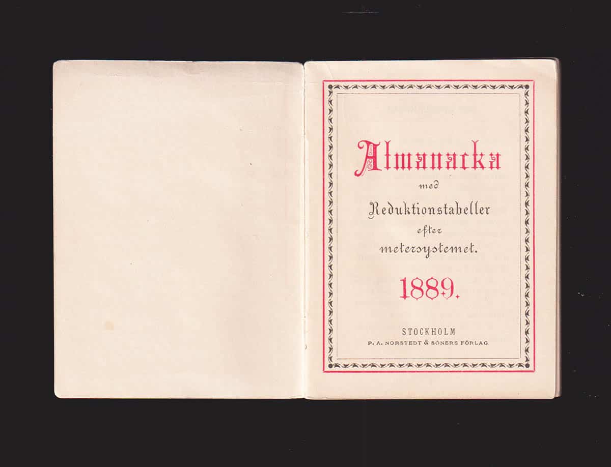 Almanacka med Reduktionstabeller efter metersystemet 1889