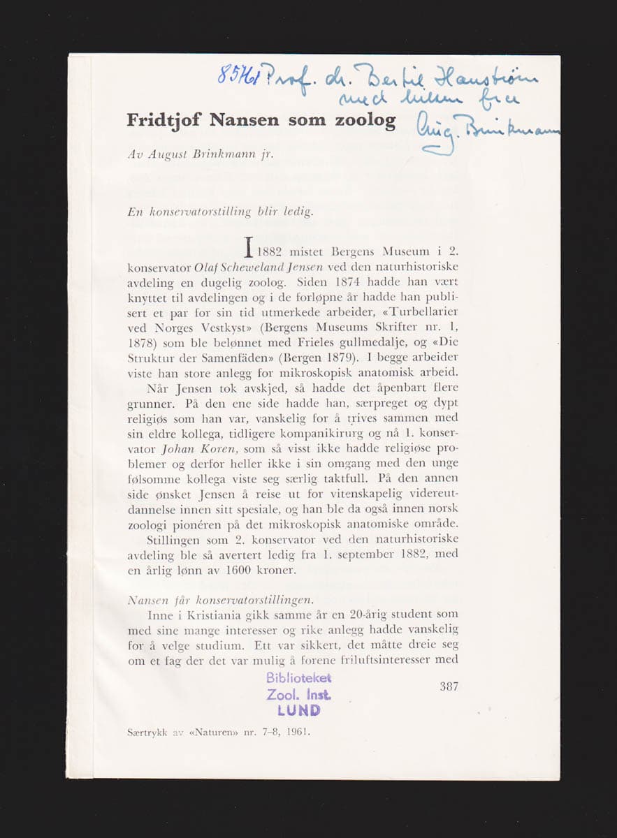 August Brinkmann : Fridtjof Nansen som Zoolog. En konservatorstilling blir ledig
