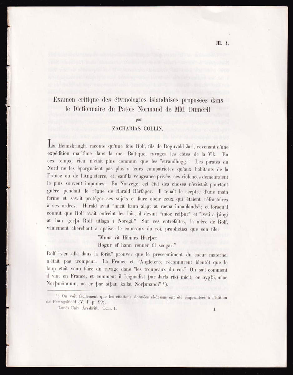 August Zacharias Collin : Examen critique des étymologies islandaises proposées dans le Dictionnaire du patois normand de Mm. Duméril.