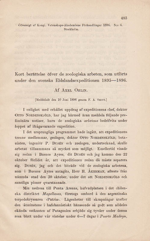 Axel Ohlin : Kort berättelse öfver de zoologiska arbeten, som utförts under den svenska Eldslandsexpeditionen 1895-1896