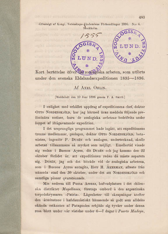 Axel Ohlin : Kort berättelse öfver de zoologiska arbeten, som utförts under den svenska Eldslandsexpeditionen 1895-1896