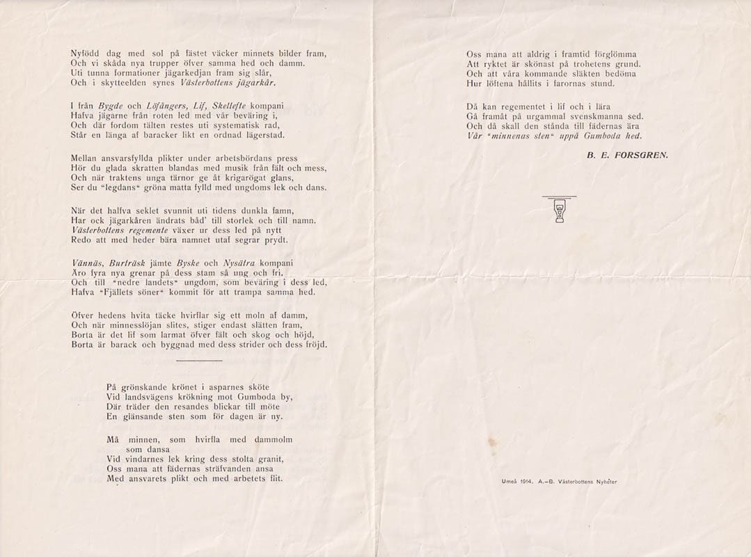 B. E. Forsgren : Vid minnesstenen på Gumboda hed den 30/8 1914