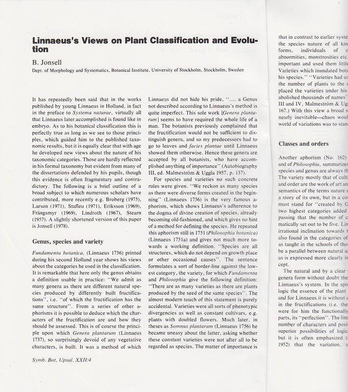 B. Jonsell : Linnaeus's Views on Plant Classification and Evolution