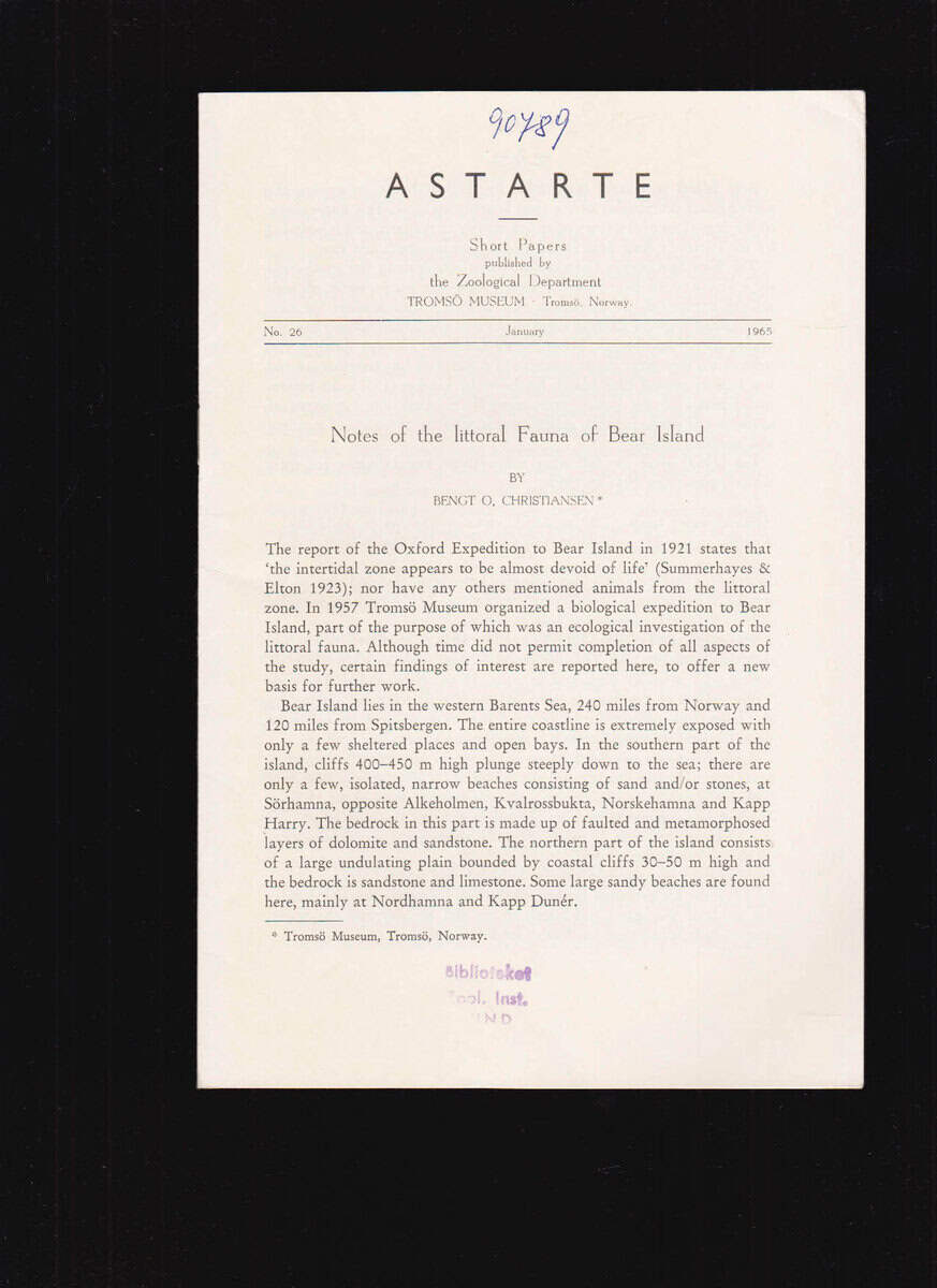 Bengt O. Christiansen : Notes of the littoral Fauna of Bear Island