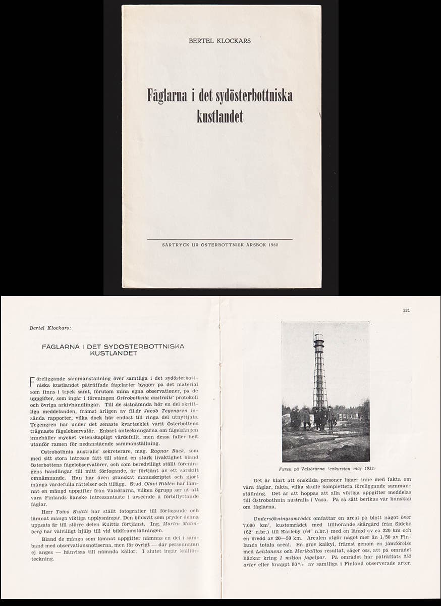 Bertel Klockars : Fåglarna i det sydösterbottniska kustlandet + Komplettering för åren 1956-1960