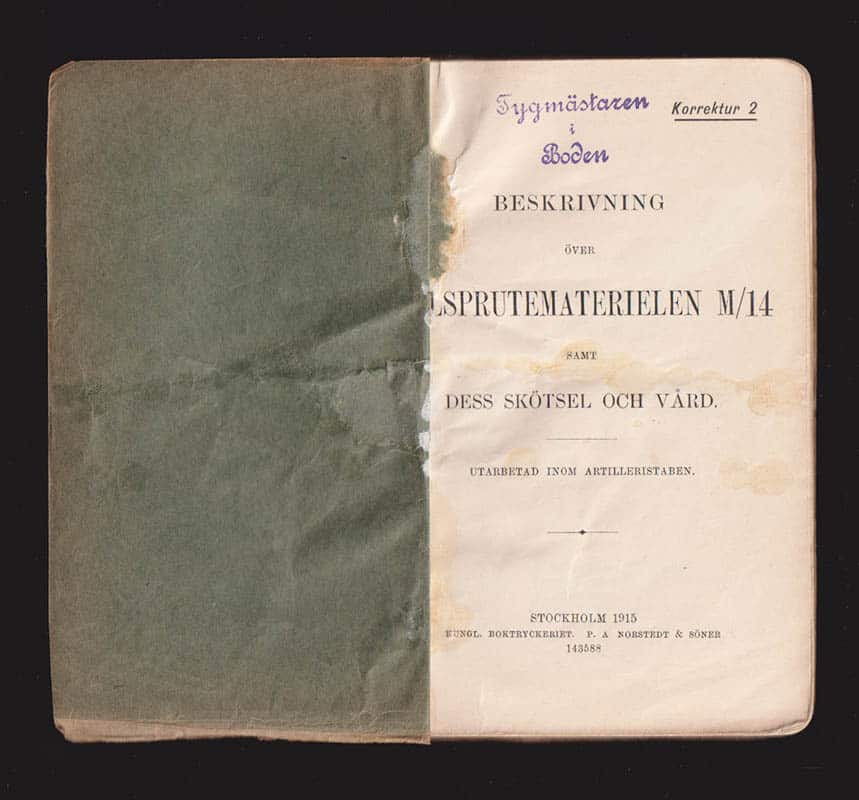 Beskrifning öfver kulsprutematerielen samt dess skötsel och vård. Utarbetad inom artilleristaben. Korrektur 2
