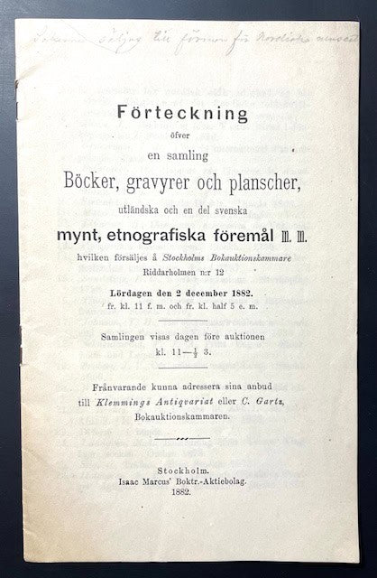 Bokauktionskammaren. : Förteckning öfver en samling böcker, gravyrer och planscher, utländska och en del svenska, mynt, etnografiska föremål m. m.