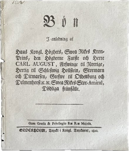 Bön i anledning av kronprins Carl Augusts död – BÖN I ANLEDNING AF HANS KONGL. HÖGHETS ... DÖDLIGA FRÅNFÄLLE (1810)