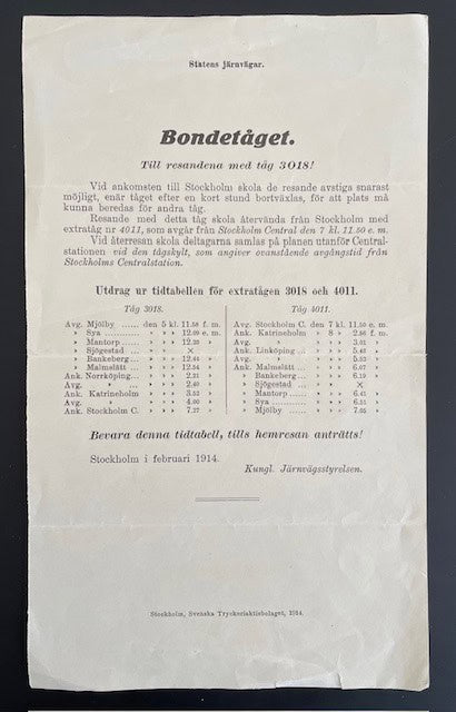 Bondetåget. Till resande med tåg 3018.