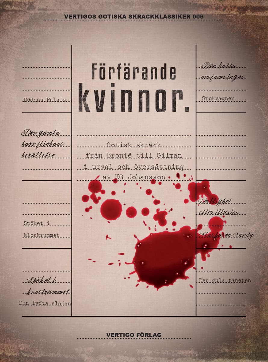 Brontë, Charlotte ; Brontë, Emily ; Gaskell, Elizabeth ; Stretton, Hesba ; Procter, Adelaide Anne ; Eliot, George ; Braddon, Mary Elizabeth ; Edwards, Amelia ; Wood, Ellen ; Riddell, Charlotte ; Perkins Gilman, Charlotte : Förfärande kvinnor : gotisk skräck från Brontë till Gilman i urval och översättning av KG Johansson