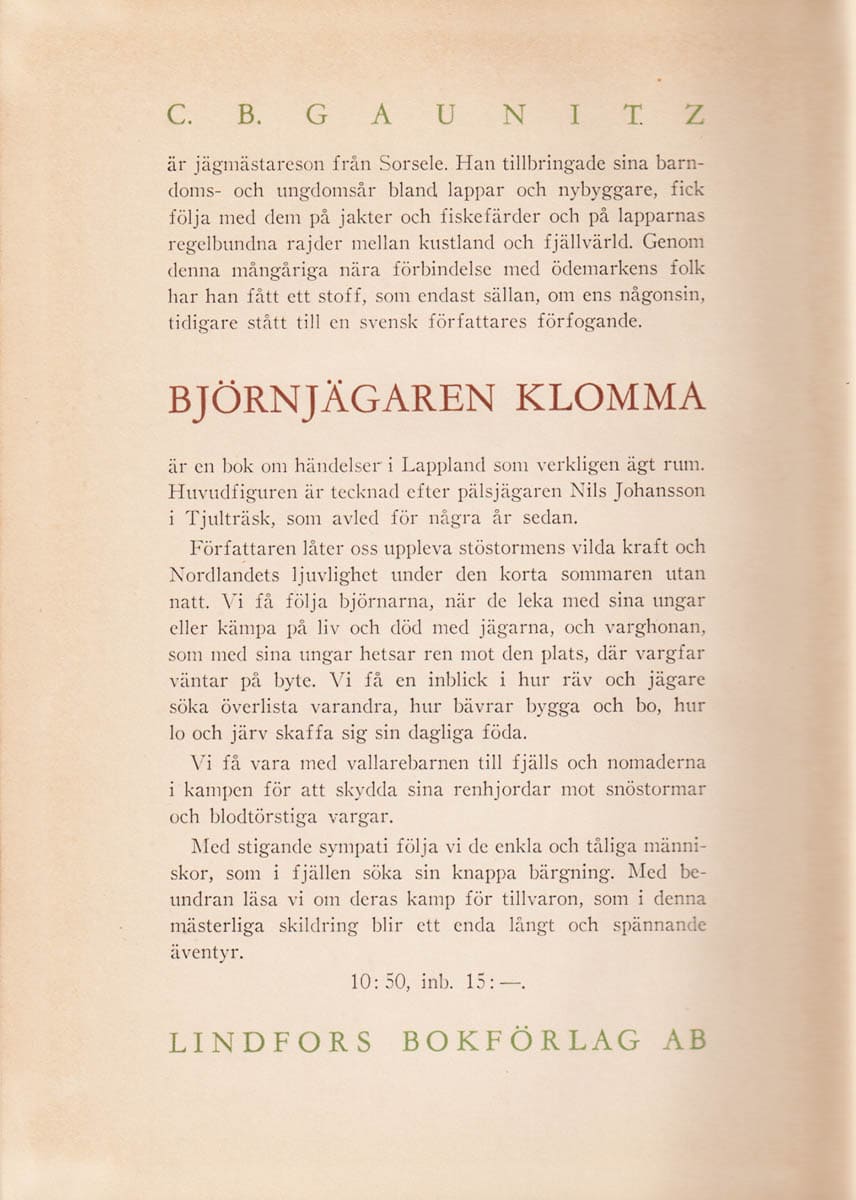 C. B. Gaunitz : Björnjägaren Klomma