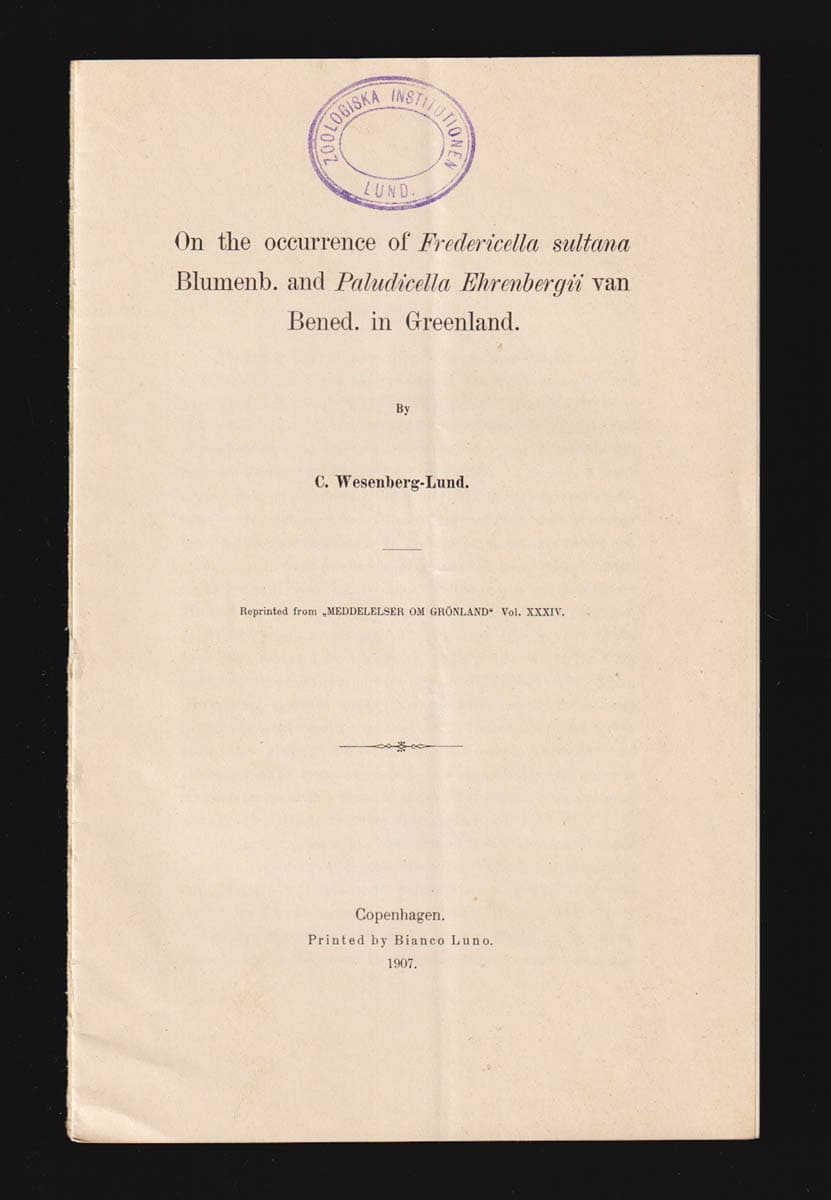C. Wesenberg-Lund : On the occurrence of Fredericella sultana Blumenb. and Paludicella Ehrenbergii van Bened. in Greenland (dedikation)