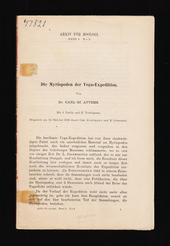 Carl Attems : Die Myriopoden der Vega-Expedition. Mit 5 Tafgeln und 27 Textfiguren