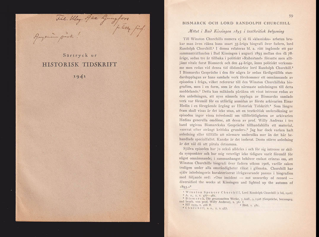 Carl-Gustaf Thomasson : Bismarck och lord Randolph Churchill. Mötet i Bad Kissingen 1893 i textkritisk belysning