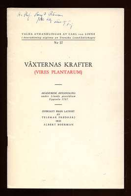 Carl von Linné : Växternas krafter (Vires plantarum) (dedikation)
