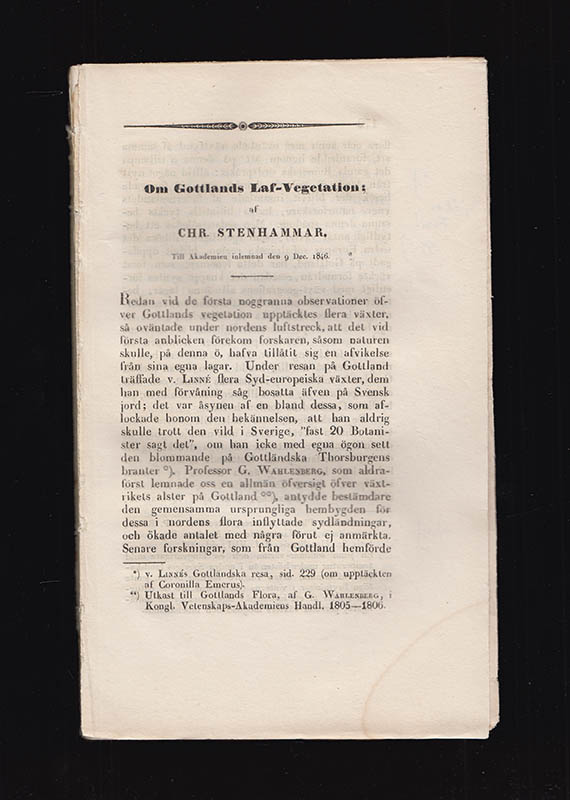 Christian Stenhammar : Om Gottlands Laf-Vegetation af Chr. Stenhammar. Till Akademien inlemnad den 9 Dec. 1846