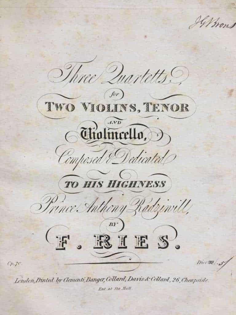 Collection of early/first editions of famous string quartets, bound in 4 half leather volumes (one for each instrument)