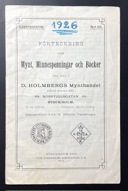 D. Holmberg : Förteckning öfver Mynt, Minnespenningar och Böcker.