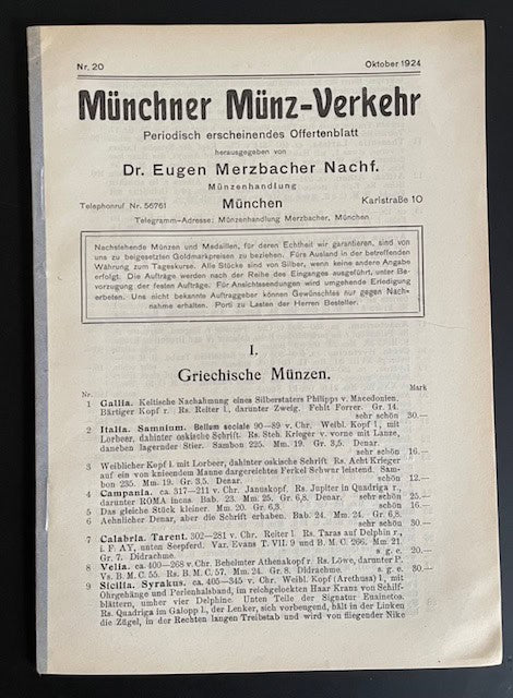 Dr. Eugen Merzbacher Nachf. : Münchner münz-verkehr, Periodisch erscheinendes offertenblatt. Nr 20.