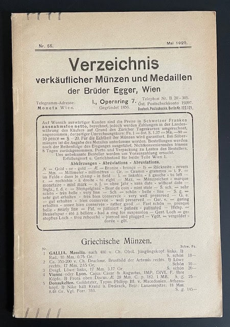 Egger. Brüder : Verzeichnis verkäuflicher Münzen und Medaillen. Nr 55.