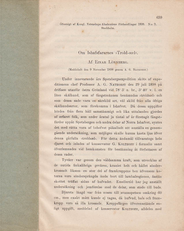 Einar Lönnberg : Om Ishafsfaranes 'Trold- sæl'. (Meddeladt den 9 November genom A. G. Nathorst)