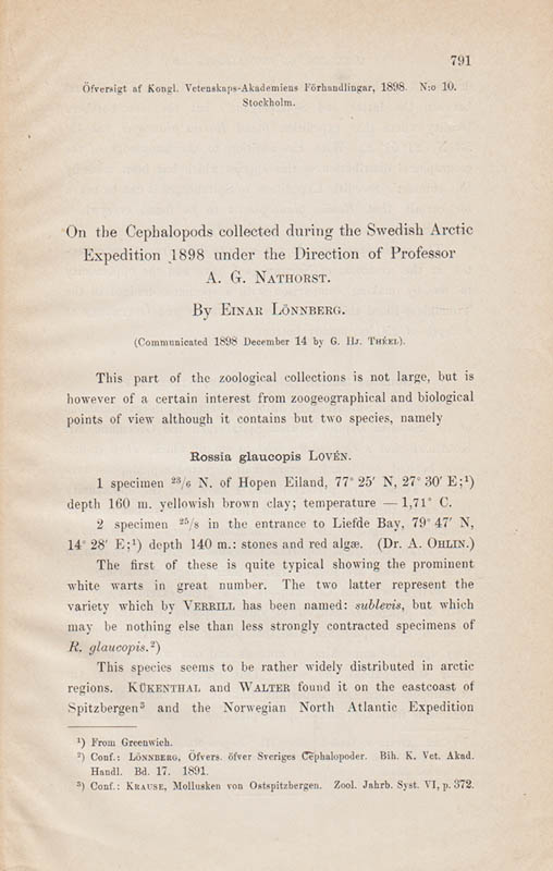 Einar Lönnberg : On the Cephalopods collected during the Swedish Arctic Expedition 1898 under the Direction of Professor A. G. Nathorst