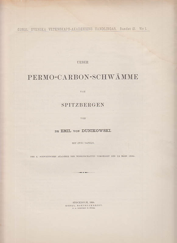 Emil von Dunikowski : Ueber Permo-Carbon-Schwämme von Spitzbergen. Mit zwei Tafeln
