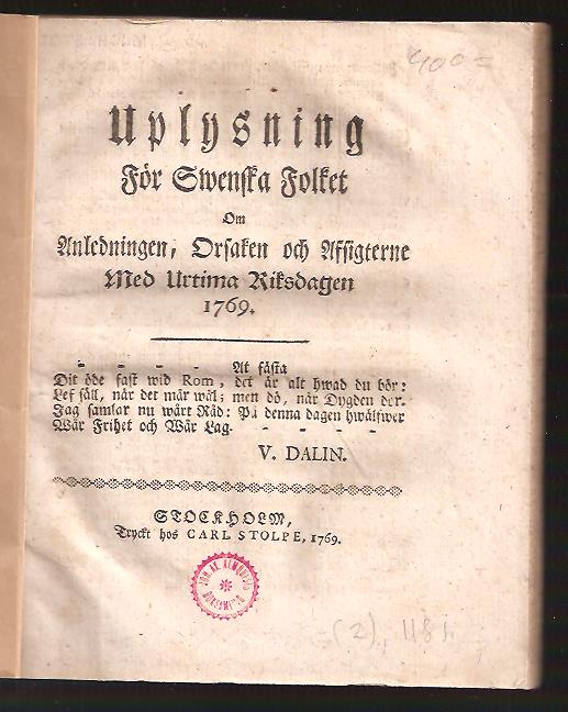 Esbjörn Christian Reuterholm : Uplysning för swenska folket om anledningen, orsaken och afsigterne med urtima riksdagen 1769