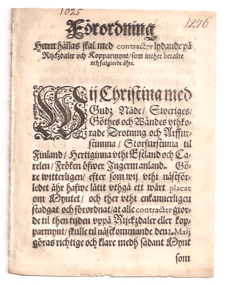 Förordning huru hållas skal med Contracter lydande på Rijckzdaler och Kopparmynt, som inthet betalte och fulgiorde ähre