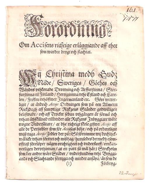 Förordning om Accisens richtige erläggiande aff thet som warder brygt och slachtat