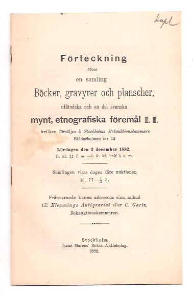Förteckning öfver en samling böcker, gravyrer och planscher, utländska och en del svenska mynt, etnografiska föremål m.m