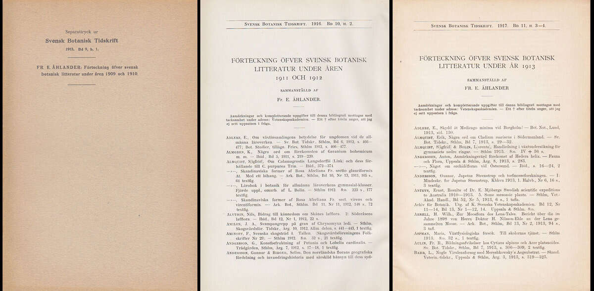 Fr. E. Åhlander : Förteckning öfver svensk botanisk litteratur under åren 1909 och 1910 + 1911 och 1912 + 1913