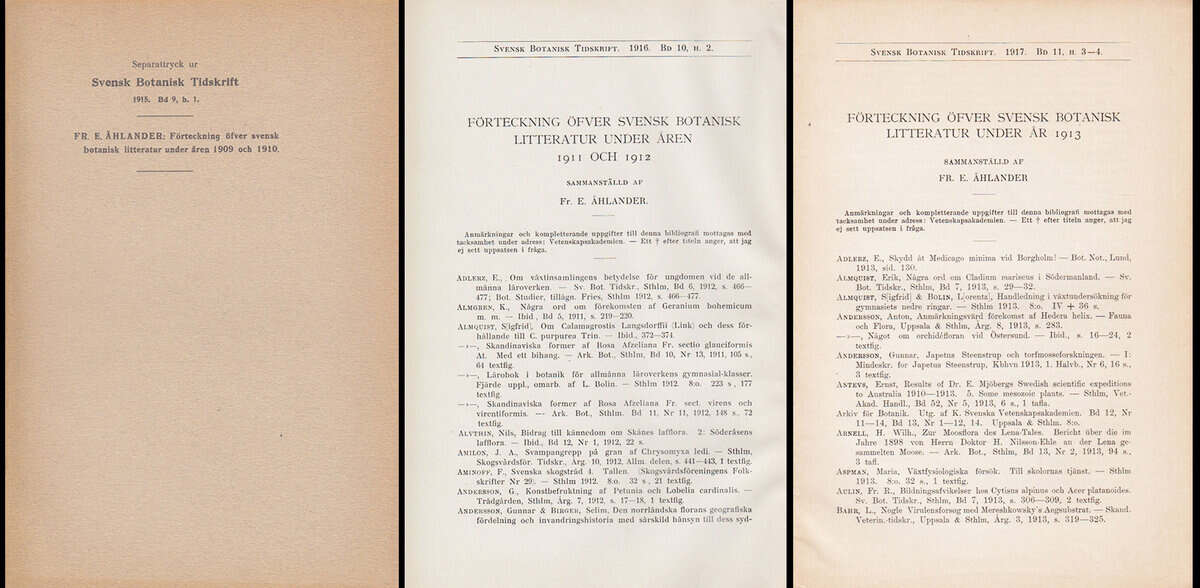 Fr. E. Åhlander : Förteckning öfver svensk botanisk litteratur under åren 1909 och 1910 + 1911 och 1912 + 1913