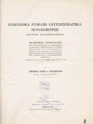 Fredrik Hård av Segerstad : Sydsvenska florans växtgeografiska huvudgrupper (Deutsche Zusammenfassung)