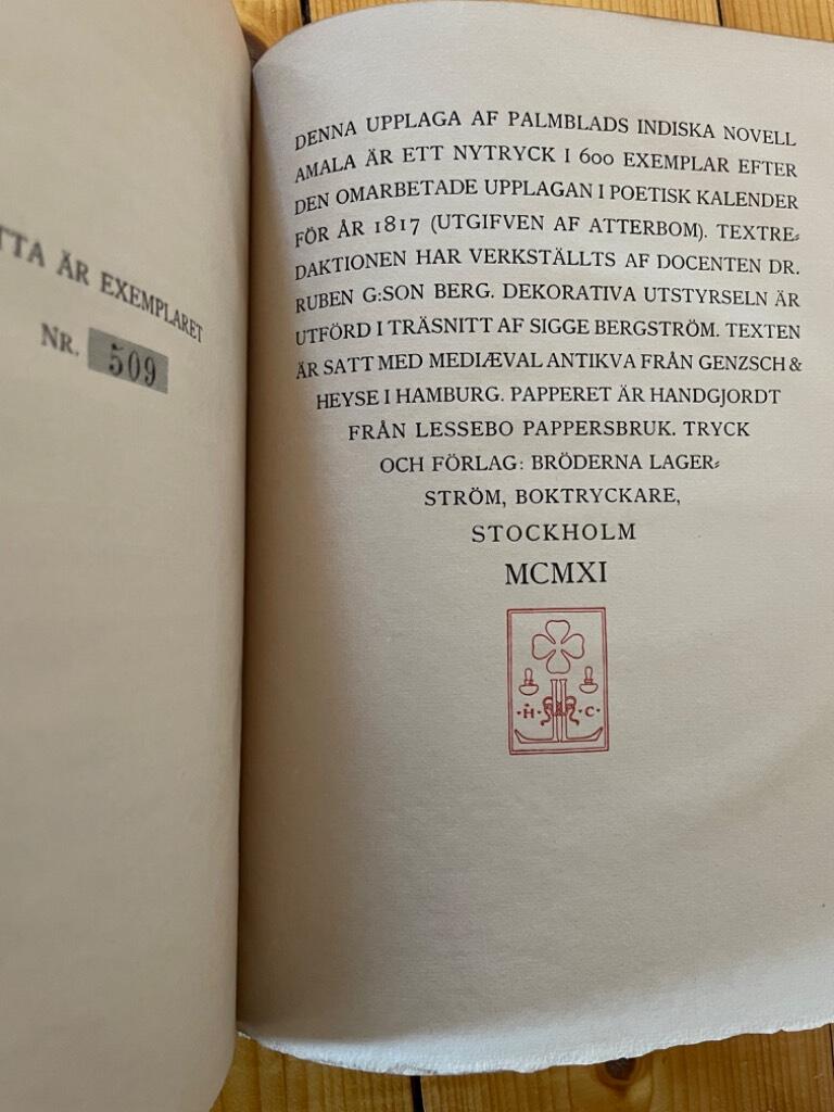 Fredrik Vilhelm Palmblad ; Sigge Bergström (ill.) : Amala. Indisk novell. Mästerstycken ur svensk litteratur 2