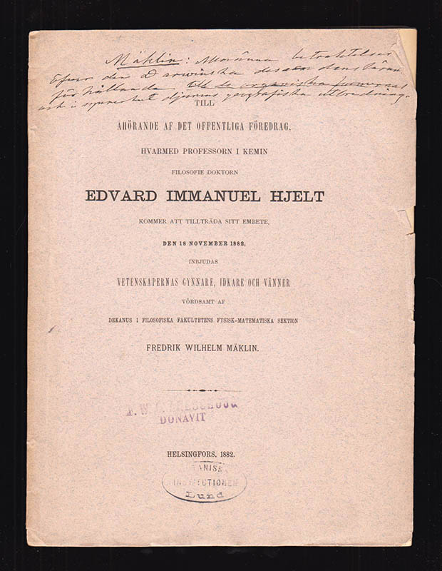 Fredrik Wilhelm Mäklin : Allmänna betraktelser öfver den darwin'ska descendenslärans förhållande till de organiska formernas och i synnerhet djurens geografiska utbredning. Coleoptera