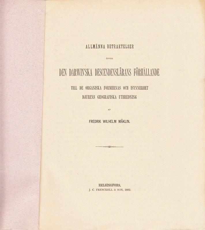Fredrik Wilhelm Mäklin : Allmänna betraktelser öfver den darwin'ska descendenslärans förhållande till de organiska formernas och i synnerhet djurens geografiska utbredning. Coleoptera