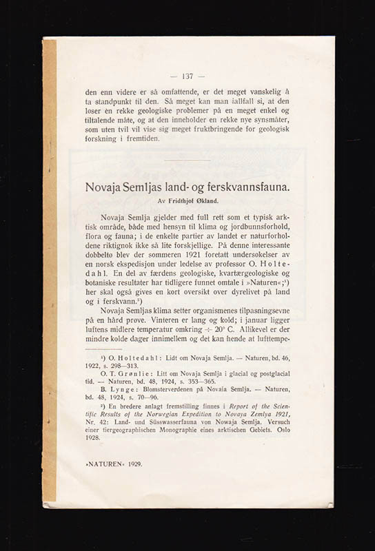 Fridthjof Økland : Novaja-Semljas land- og ferskvannsfauna