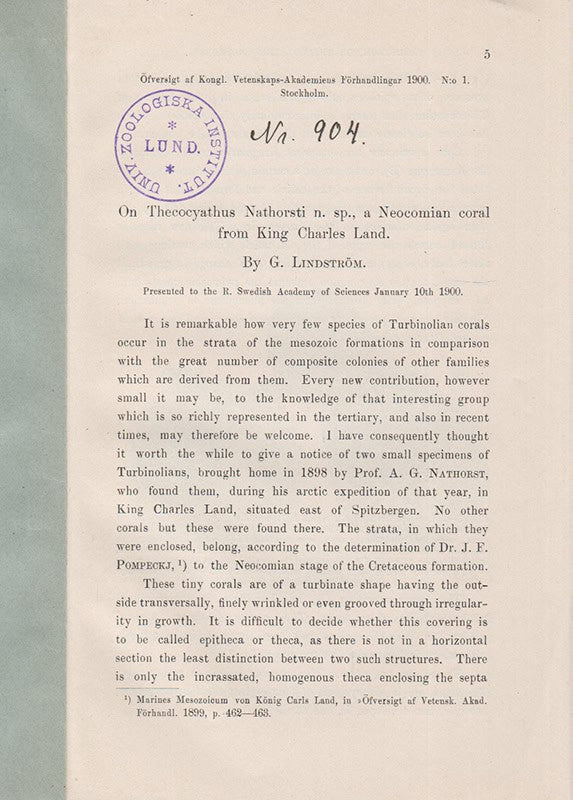 G. Lindström : On Thecoyathus Nathorsti n sp., a Neocomian coral from King Charles Land