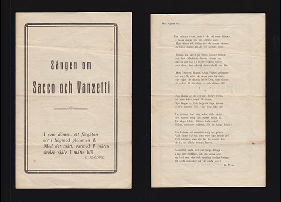 G. P-n : Sången om Sacco och Vanzetti. I som dömen, ett förgäten ett i högmod glömmen I